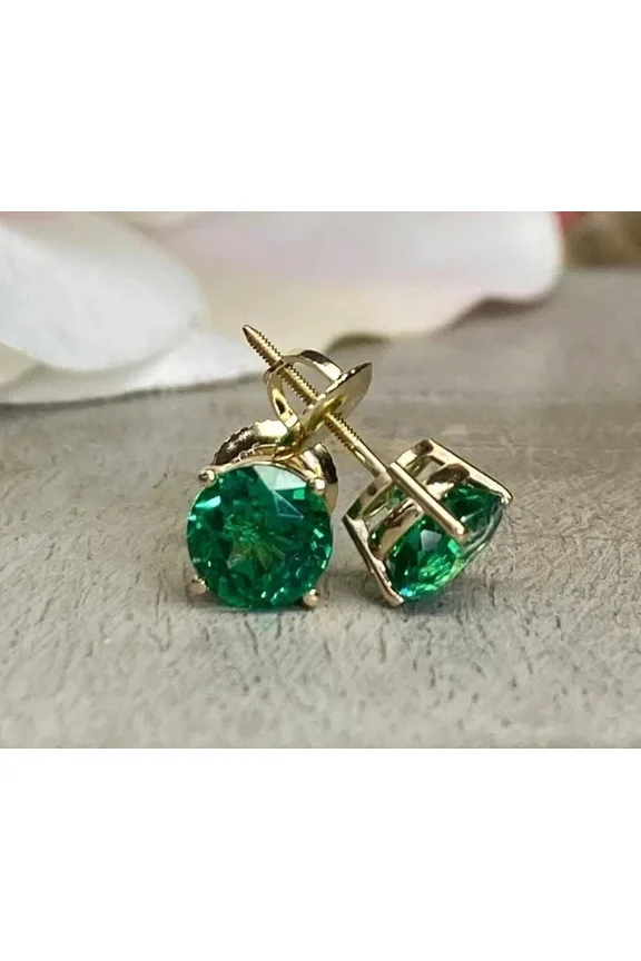 3TCW Round Cut Lab-Created Green Emerald Stud Earrings In 14K Yellow Gold Plated