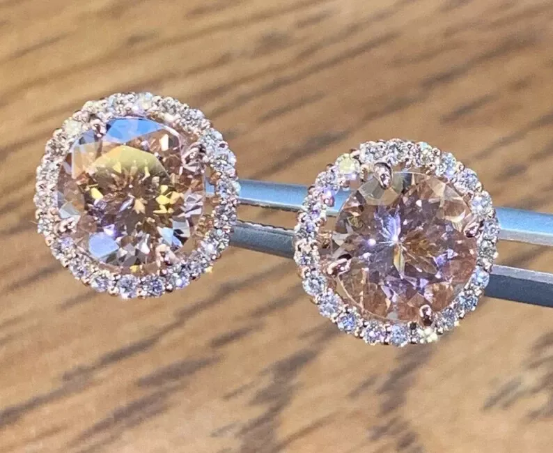NEW LATEST ENTERPRISES 3TCW Round Cut Lab Created Morganite Halo Stud Earrings 14K Rose Gold Plated