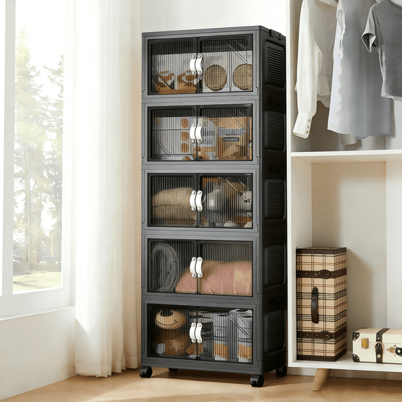 3Tier/120Qt，Plastic Storage Bins with Wheels & Lids, Open Front Door - Collapsible Stackable Organizer Cabinet for Closet, Magnetic Double Door, Living Room, Office, Garage, Kitchen 3Pack