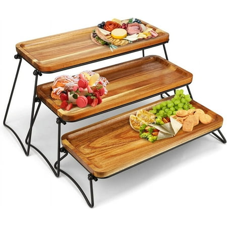 3Tier Cupcake Stand and Towers Large Serving Tray for Party Acacia Wooden Dessert Table Display Set Decorative Tray Tiered Tray Decor Small Chees Charcuterie Boards Rustic Wood Serving Platters Trays