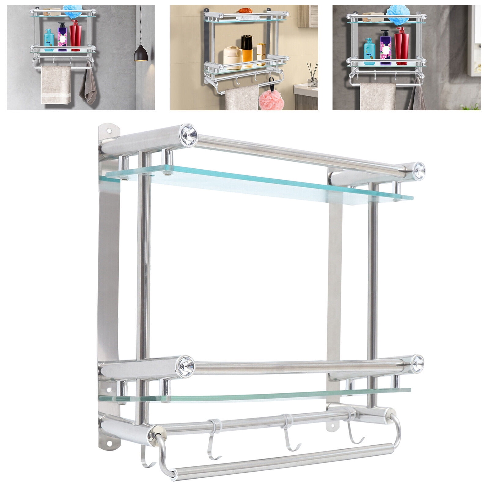3Tier Glass Shelf with Towel Bar Bathroom Shelf Wall Mount Towel Rack ...