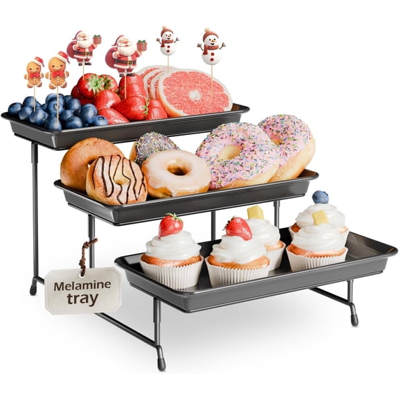 3Tier Melamine Serving Tray Set, 11.5x5.6Platters for Serving Food, Black Reusable Trays with Black Metal Display Stand for Cupcakes, Sevring Food, Dessert, Fruit, Cookie, Black