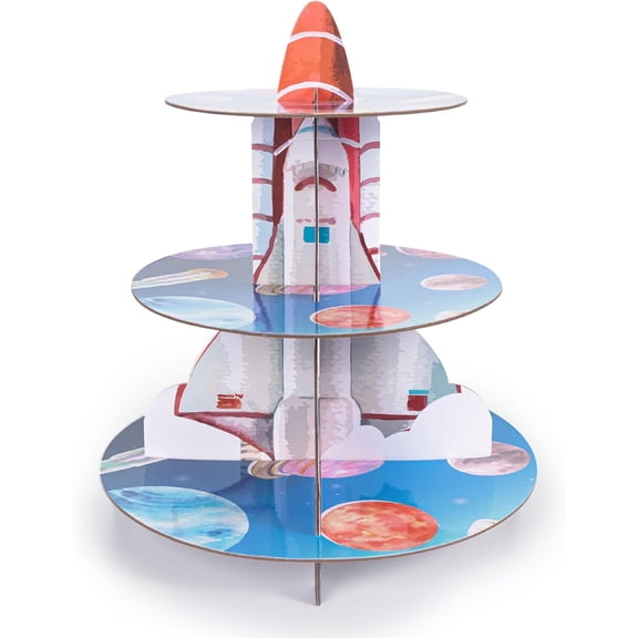 3Tier Rocket Space Station Cupcake Stand, Outer Space Birthday Party Cardboard Cake Stand Decorations, Galaxy Style Dessert Cupcake Display, Kids Space Theme Baby Shower