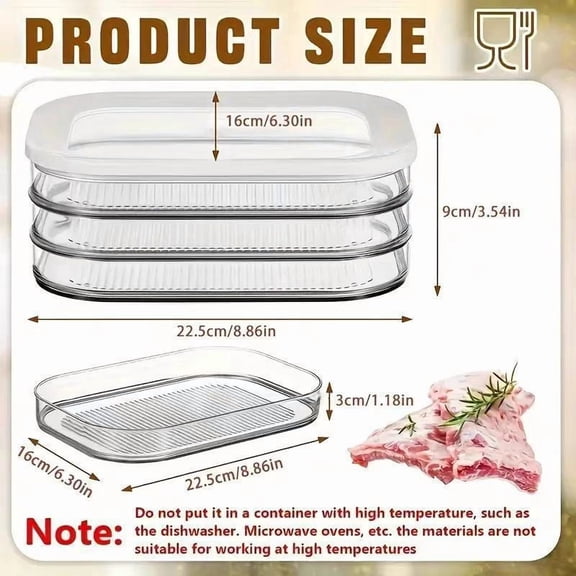 3Tier Stackable Food Storage Containers with Lids Clear Plastic Bacon Keeper Fridge Freezer Leak-Proof Meat Preservation Box