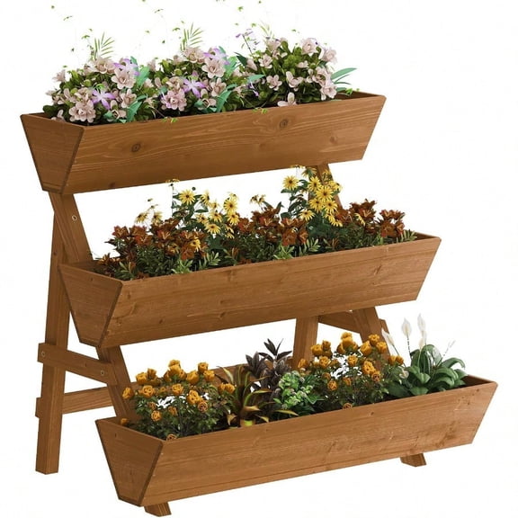 3Tiers Wooden Raised Garden BedWood Planter Box For Vegetable Flower Rack Flower Pot Stands Indoor Outdoor Gardening Planting Beds Brown Large