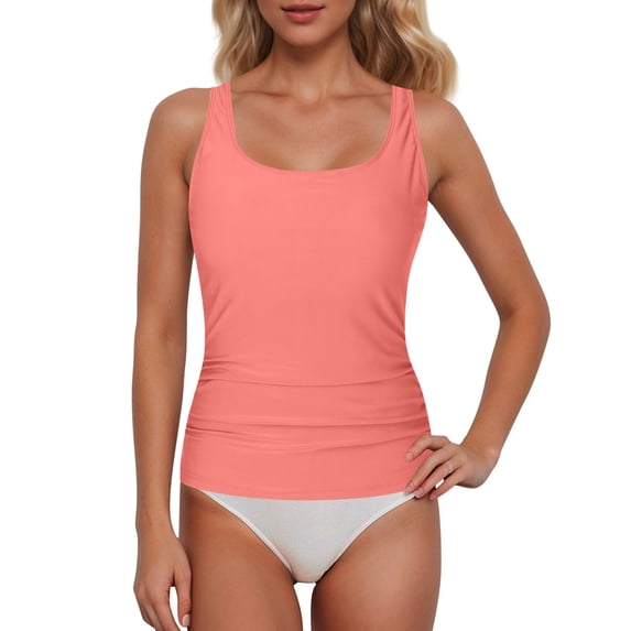 Ttongbb Women Tankini Tops Full Coverage Removable Pads Long Ruched Swimwear Tops Seaside Vacation Pool Bathing Suit Tops