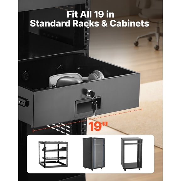 3U Rack Mount Drawer,50 lbs Max Load-Bearing,Lockable Server Cabinet Case,Sliding Drawer with Lock&Cable Management Holes,for 19 in Network Equipment Server AV Rack or Cabinet Enclosure