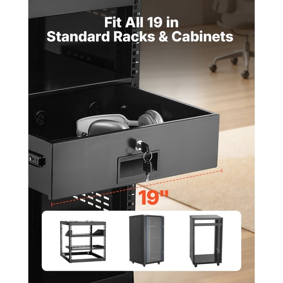 3U Rack Mount Drawer 50 lbs Max Load Lockable Server Cabinet Case Sliding Drawer with Lock and Cable Management Holes for 19 in Network Equipment Server AV Rack or Cabinet Enclosure