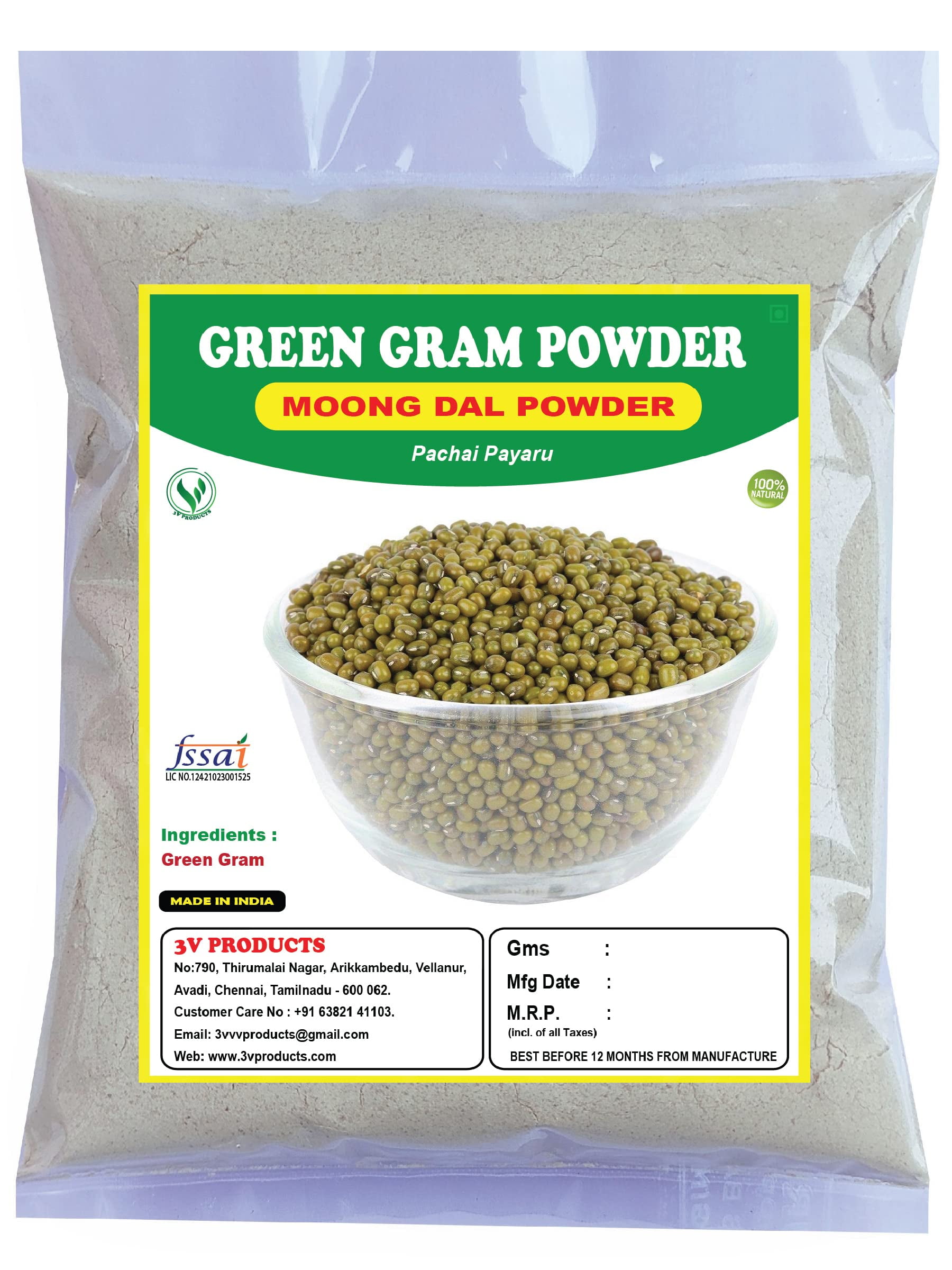 3V PRODUCTS Green Gram Powder 1Kg Moong Dal Sabut Moong Pachai Payaru for Glowing Skin