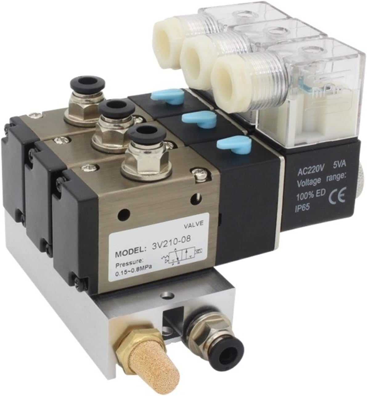 BAOMAIN 4V230C-08-6P Pneumatic Solenoid Valve Manifold Set 3 Position 5 Way PT 1/4 Air Control Valve 6-Station Block for Industrial Automation Systems AC 110V