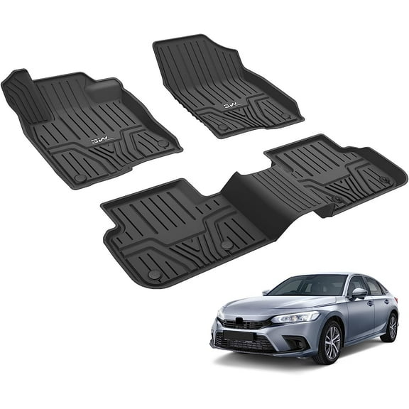 3W Car Floor Mats Liners for 2022-2023 Honda Civic Hatchback /Sedan/Sport, All Weather Mats TPE Material, Black