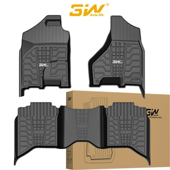3W Floor Mats for 2013-2018 Dodge Ram 1500/2500/3500 Crew Cab & 2019-2022 Ram 1500 Classic Crew Cab All Weather TPE Custom Fit Car Floor Liners 1st & 2nd Row, Black