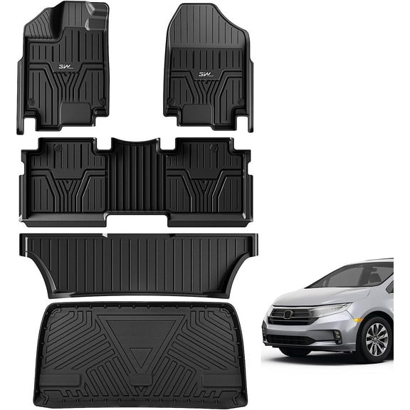 3W Floor Mats 3 Rows + Cargo Liner TPE for Honda Odyssey 2018-2025 Full Sets All Weather Custom Fit Car Carpet Floor Liners Trunk mat Odorless Heavy Duty