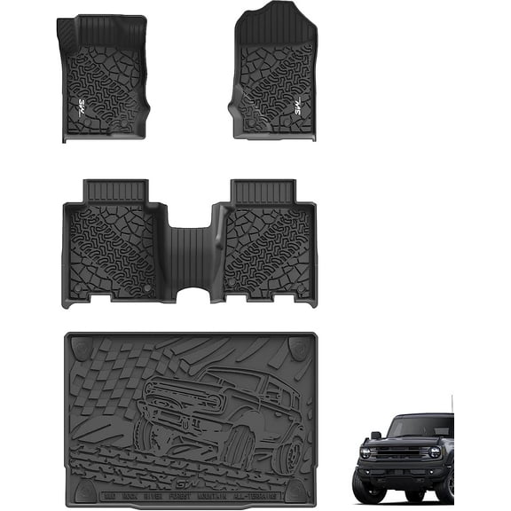 3W Floor Mats & Cargo Liner Compatible for 2021-2023 Ford Bronco 4 Door, TPE All Weather Custom Fit Floor Liner 1st 2nd Row and Trunk Mat Full Set Car Mats, Black (Not for Bronco Sport)