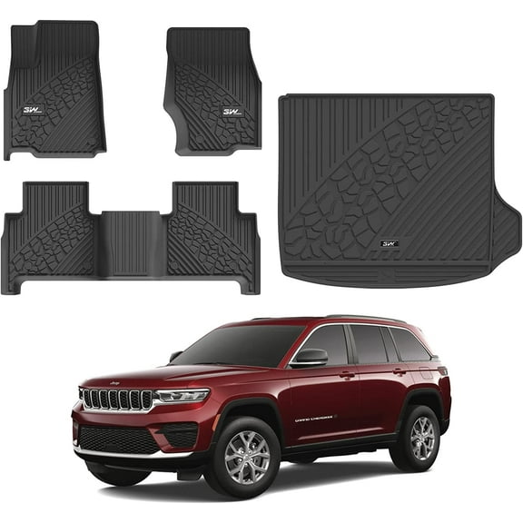 3W Floor Mats & Cargo Liner for Jeep Grand Cherokee 2022-2024 TPE All Weather Custom Fit Floor Liner 1st & 2nd Rows and Trunk Mat Full Set Car Mats, Black