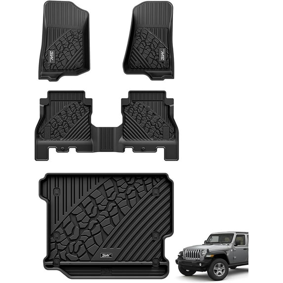 3W Floor Mats and Cargo Liner for Jeep Wrangler JL 4-Door Without SUBWOOFER 2018-2024 TPE All Weather Custom Fit Floor Liner & Trunk Mats Black(Non JK or 4XE)