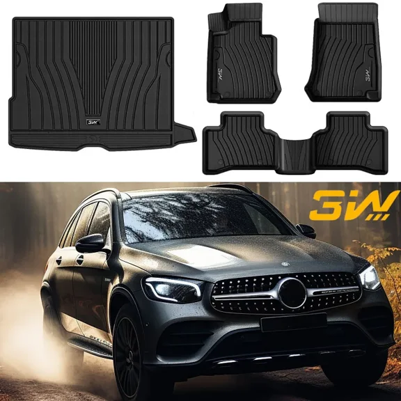 3W Floor Mats & Cargo Liner for Mercedes Benz GLC 2016-2022 TPE All Weather Custom Fit Floor Liner and Cargo Mats For Benz GLC 1st & 2nd Rows and Trunk Black Car Mats and Trunk Liner