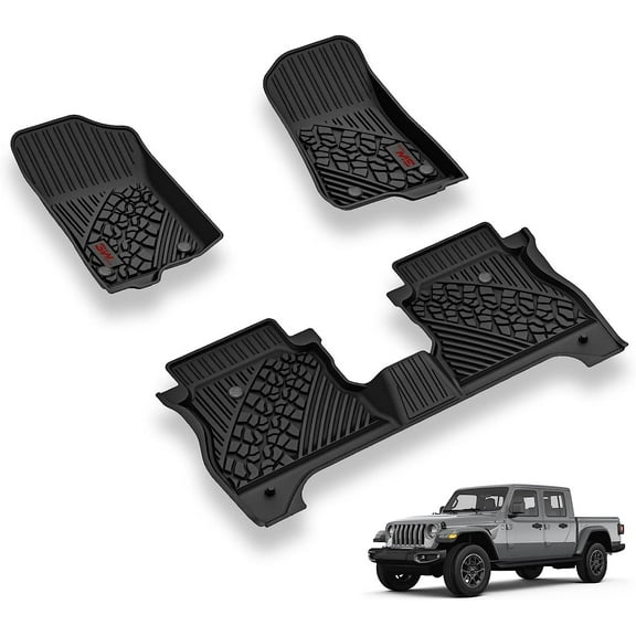 3W Floor Mats Compatible for Jeep Gladiator 2020-2023, Custom Fit TPE All Floor Liner for Weather Jeep Gladiator,1st & 2nd Row Full Set Car Liners with red Logo,Black