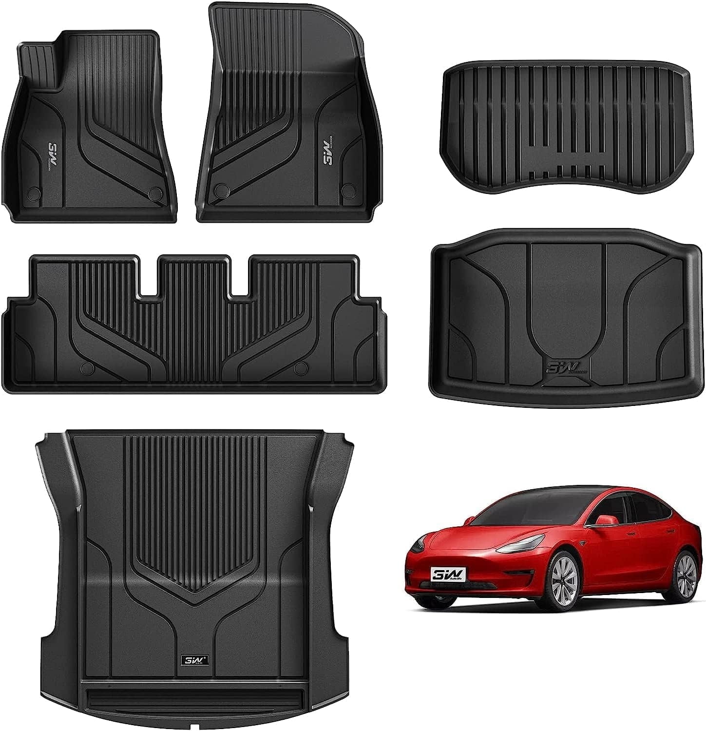 3W Floor Mats for Tesla Model 3 2021-2023 Full Set Mats Heavy Duty All-Weather Waterproof TPE Floor Liner , Black Floor Mats and Cargo Liner Mat Custom Fit Tesla Model 3