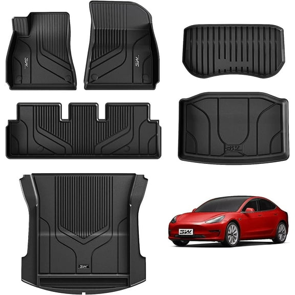 3W Floor Mats for Tesla Model 3 2021-2023 Full Set Mats Heavy Duty All-Weather Waterproof TPE Floor Liner , Black Floor Mats and Cargo Liner Mat Custom Fit Tesla Model 3