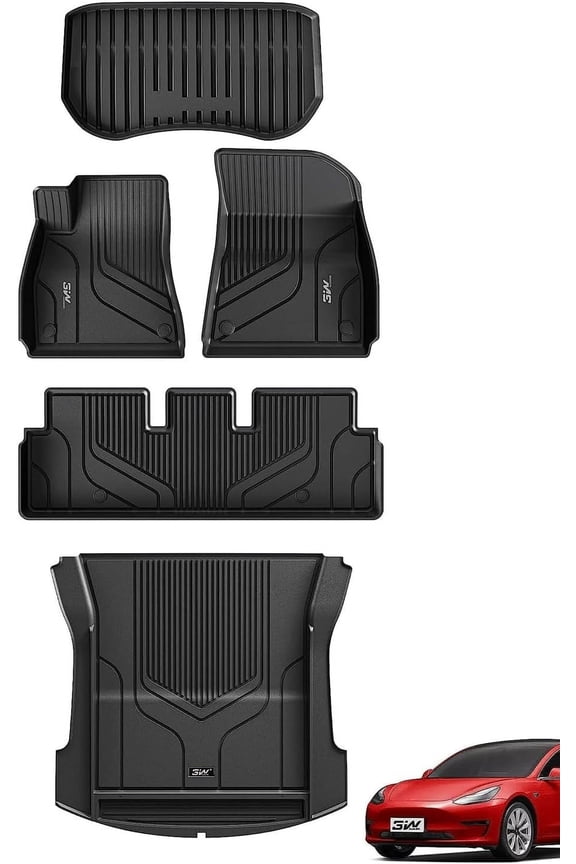 Floor Mats & Trunk Liner for Tesla Model 3 2021-2023 TPE Floor Liner Full Set Black Floor Mats and Cargo Liner Mat Custom Fit for Tesla Model 3 All-Weather