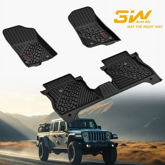 3W Floor Mats Unique Black TPE All-Weather Guard Includes 1st and 2nd Row Full Set Liners for Jeep Gladiator 2020-2023 TPE Floor Liner Floor Mats Replacement(Random logo color)