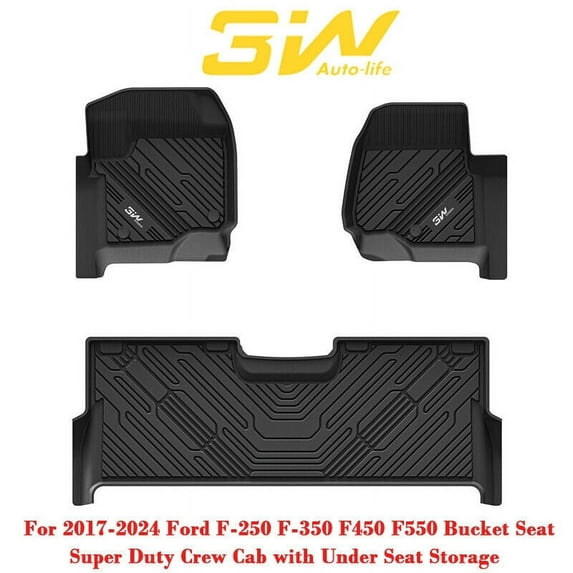 3W Floor Mats for 2017-2024 Ford F-250 F-350 F450 F550 Super Duty Crew Cab Custom Fit All Weather TPE - 3 Piece