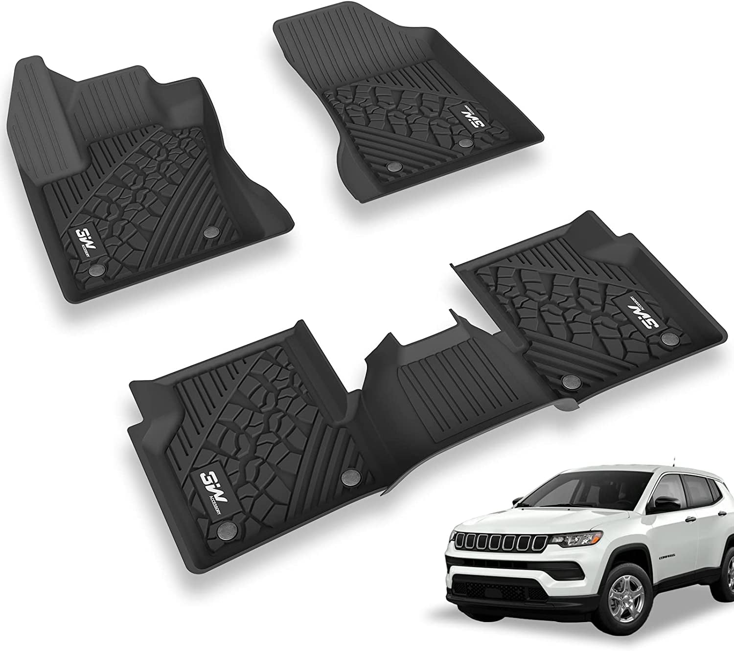 3W Floor Mats for Jeep Compass 2017-2023 Full Set Front and Rear 2 Rows seat Floor Liner with All Weather Odorless TPE (New Body Style Only), Black