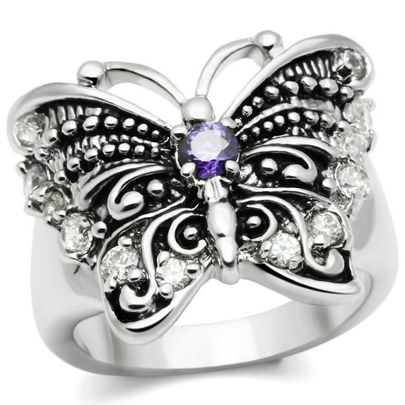 Rhodium Brass Ring with AAA Grade CZ in Amethyst for Women Animals Theme Amethyst Stone Color Style 3W204 Size 6