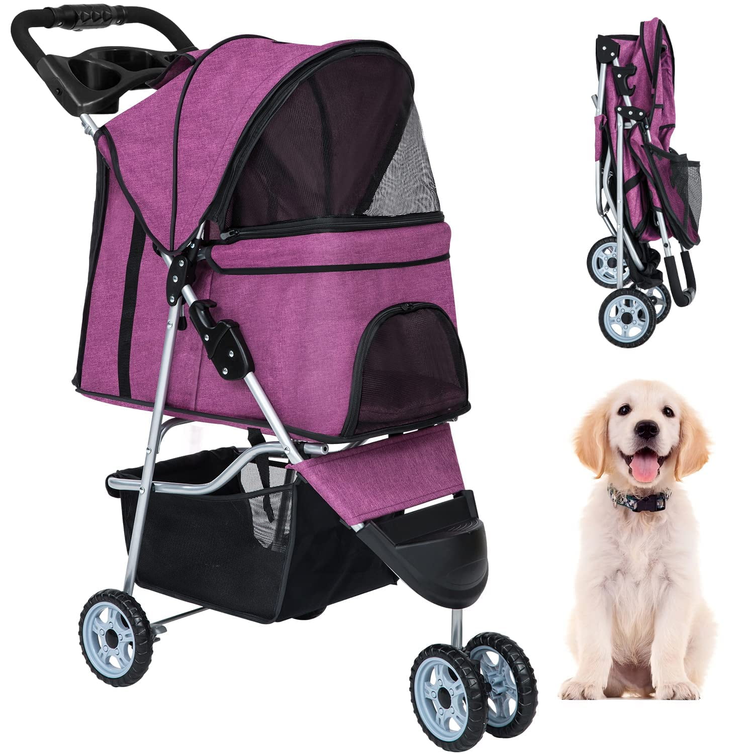 Purple 3-Wheel Folding Stainless Steel Pet Stroller with Cup Holder