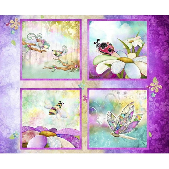 3Wishes Fabrics in The Meadow Bugs and Birds Multicolor 35x44 Panel 100% Cotton Fabric sold by the panel