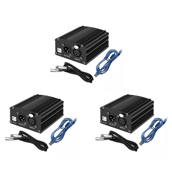 3X 1-Channel 48V Phantom Power Supply with XLR 3 Pin Microphone Cable for Condenser Microphone Music Recording Equipment