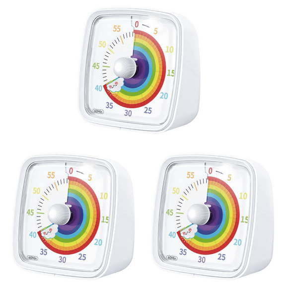 3X 60-Minute Visual Timer with Night Light, Countdown Timer,Pomodoro Timer with Rainbow Pattern White,3 x Alarm clock,White
