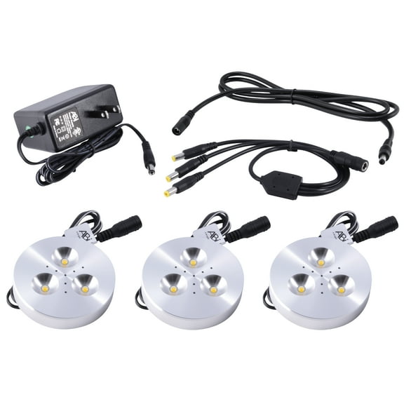 3X ABI 3W LED Puck Light Complete Kit for Under Cabinet, Bookshelf, and Showcase Lighting, 240lm, Soft White 3000K, 25W Halogen Equivalent