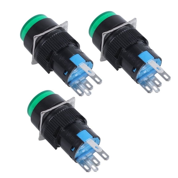 3X AC 250V 5A SPDT 1NO 1NC 5 Pins Latching Green Push Button Switch W 220V LED Lamp