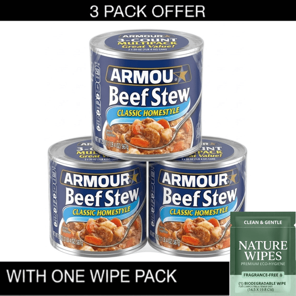 3X Armour Star Classic Homestyle Beef Stew, 13g Protein Per Serving, 20 oz Can & Wipe Pack