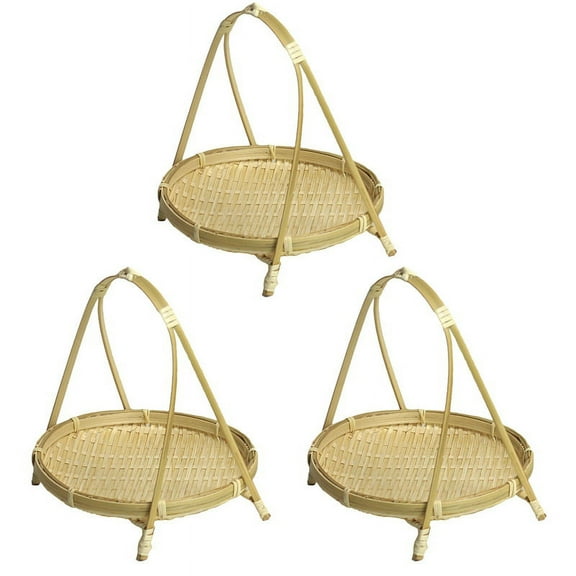 3X Bamboo Weaving Straw Baskets Tier Rack Wicker Fruit Bread Food Storage Kitchen Decorate Round Plate Stand Layer