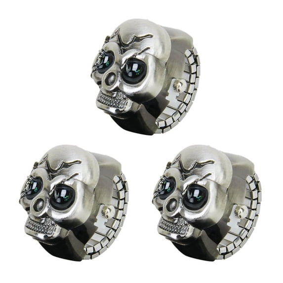 3X Bronze Flip-Up Skull Cover Finger Ring Watch Stretchy Watchband for Unisex--Battery Included, perfect for Skull Lover