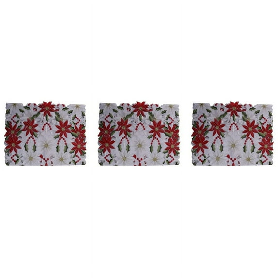 3X Christmas Embroidered Table Runner, Luxury Holly Poinsettia Table Runner for Christmas Decorations, 15 x 70 Inch