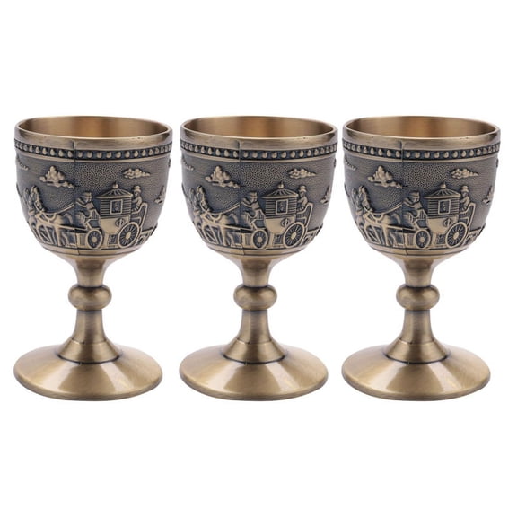 3X Classical Metal Wine Cup Handmade Small Goblet Household Copper Wine Glass Carving Pattern