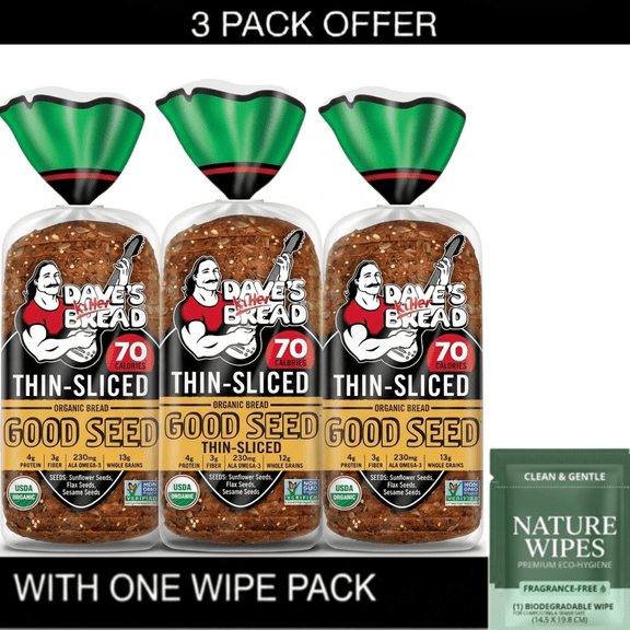 3X Dave's Killer Bread Organic Thin Sliced 21 Whole Grains and Seeds Bread, 20.5 oz & Wipe Pack