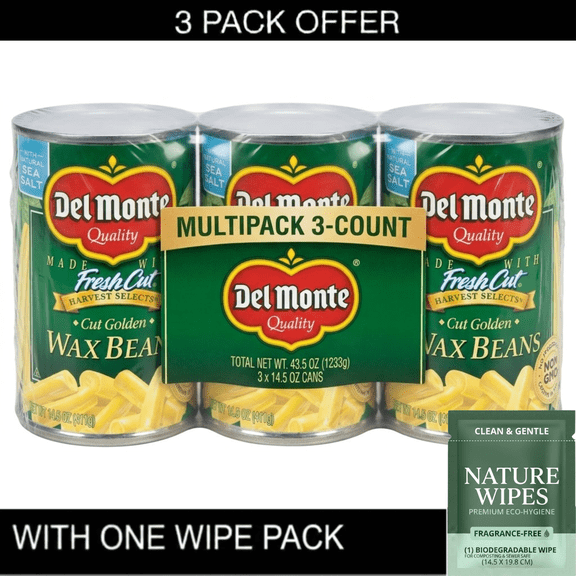 3X Del Monte Canned Cut Golden Wax Beans, 14.5 oz Can & Wipe Pack
