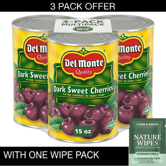 3X Del Monte Canned Dark Sweet Pitted Cherries, Heavy Syrup, 15 oz Can & Wipe Pack