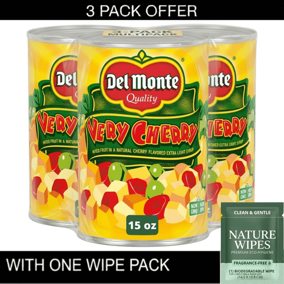 3X Del Monte Very Cherry Mixed Fruit in Extra Light Syrup, Canned Fruit, 15 oz Can & Wipe Pack