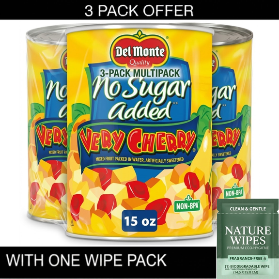 3X Del Monte Very Cherry No Sugar Added Mixed Fruit, Canned Fruit, 14.5 oz Can & Wipe Pack