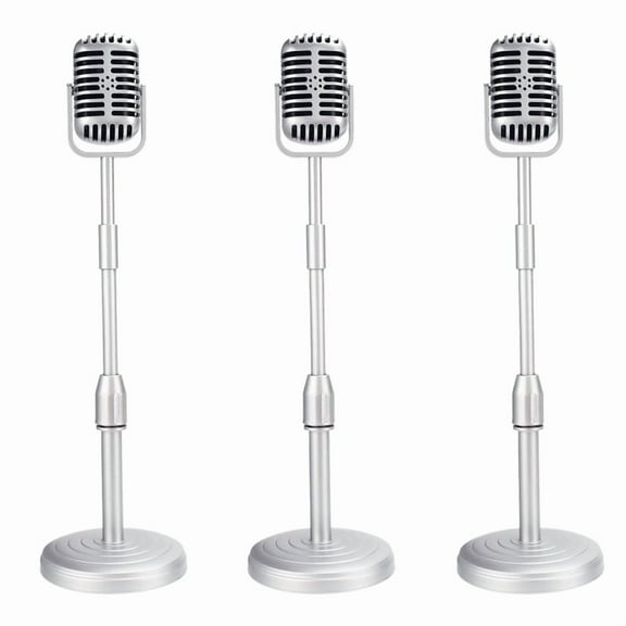 3X Desktop Microphone Prop Model with Adjustable Height, Classic Retro Style Microphone Stand Fake Mic Prop,Silver