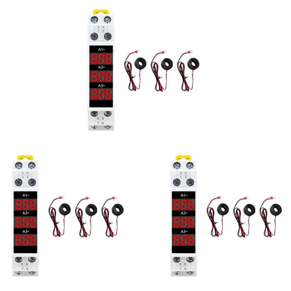 3X Din Rail Mount 3 Phase Ampere Meter Mini Modular Current Meter Gauge Indicator LED Digital Display Detector Ammeter