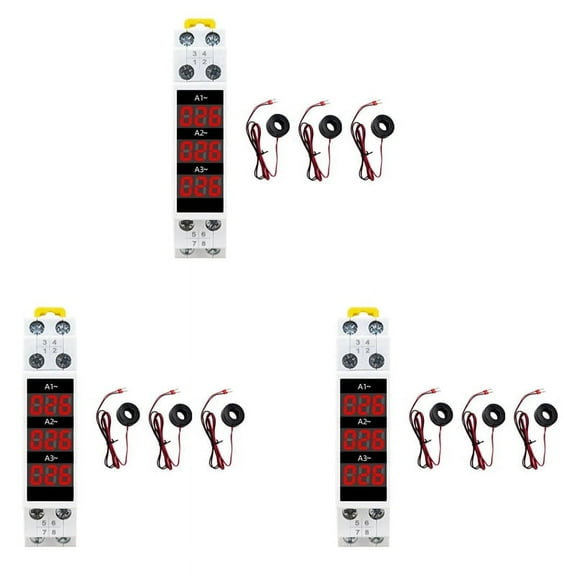 3X Din Rail Mount 3 Phase Ampere Meter Mini Modular Current Meter Gauge Indicator LED Digital Display Detector Ammeter