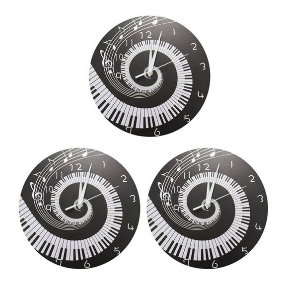 3X Elegant Piano Key Clock Music Notes Wave Round Modern Wall Clock Without Battery Black + White Acrylic