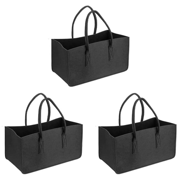 3X Fireplace Wood Felt Storage Bag Basket Rack Firewood Pocket,Felt Foldable Firewood Holder Basket Black